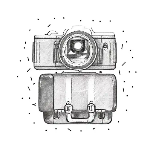 A sketch-style tattoo of a suitcase with travel stickers and a camera, representing your love for traveling and photography. tattoo design idea