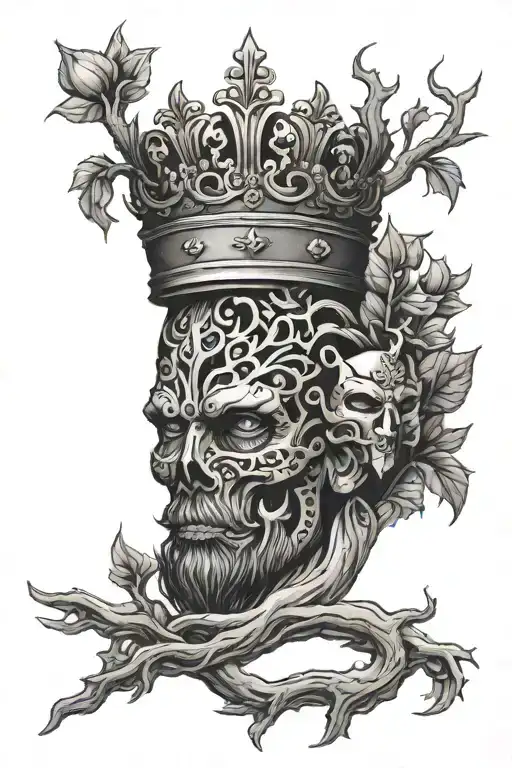 Man forearm tattoo, the base is a tree, there is a not so big heart,crown and a mask tattoo design idea