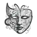 A mask with musical notes flowing out of it, illustrating your ability to express yourself through music and see through fake personas tattoo design idea