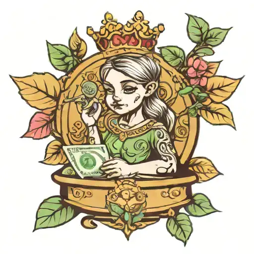 tattoo template where there is an animated child with a money tree and a lot of money on the sides and a crown tattoo design idea