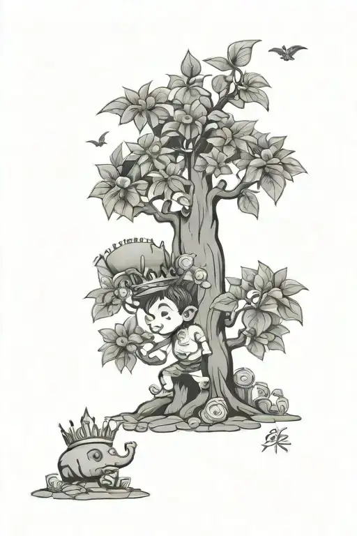 tattoo template where there is an animated child with a money tree and a lot of money on the sides and a crown tattoo design idea
