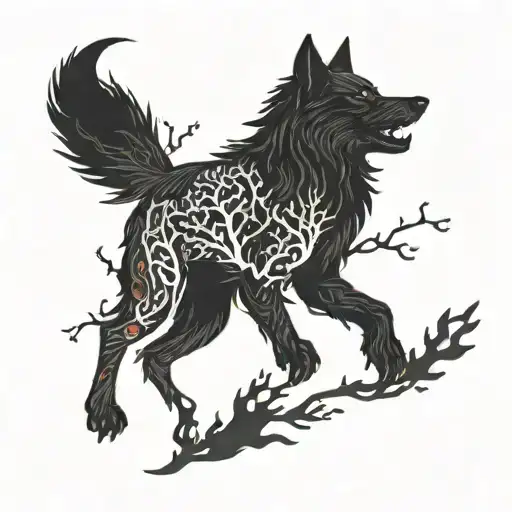 Combine elements of Turkish mythology with a wolf and tree motif tattoo design idea