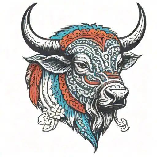 mandala buffalo head with red and blue shading tattoo design idea