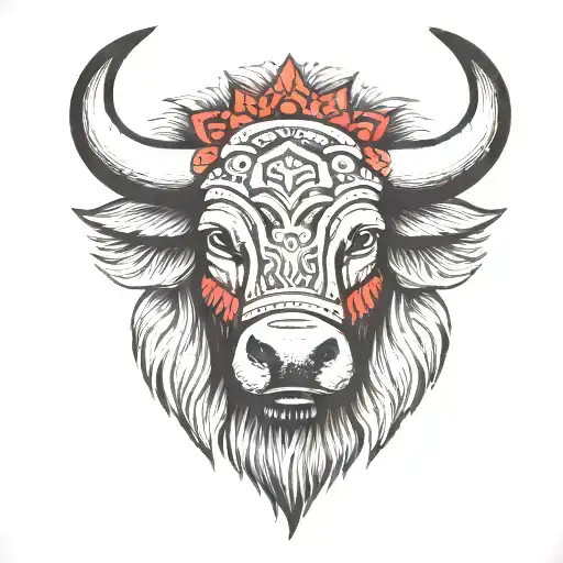 mandala buffalo head with red and blue shading tattoo design idea
