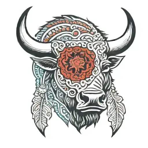 mandala buffalo head with red and blue shading tattoo design idea