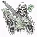 grim reaper holding money and gun tattoo design idea
