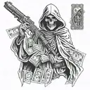 grim reaper holding money and gun tattoo design idea
