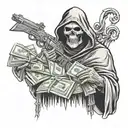 grim reaper holding money and gun tattoo design idea