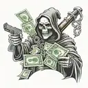 grim reaper holding money and gun tattoo design idea