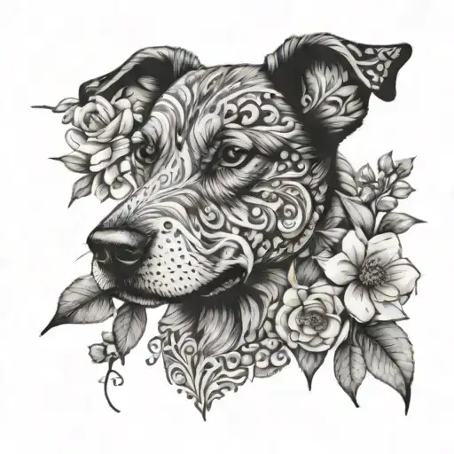 A detailed dotwork tattoo of a dog surrounded by blooming flowers, symbolizing the beauty of nature and the client's love for their pet tattoo design idea