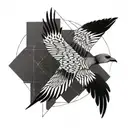 A geometric pattern incorporating elements of gliding, like a soaring bird or airplane, with intricate blackwork details tattoo design idea