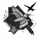 A geometric pattern incorporating elements of gliding, like a soaring bird or airplane, with intricate blackwork details tattoo design idea