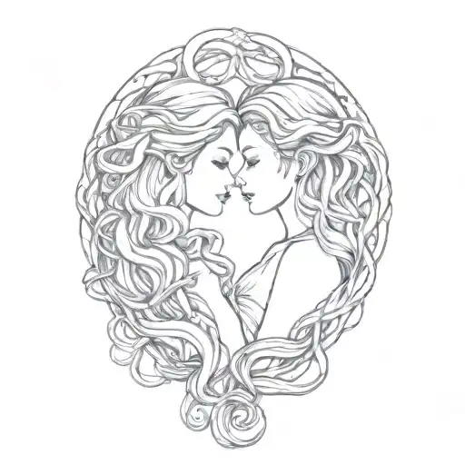 Gemini Sisters hair tangled together tattoo design idea