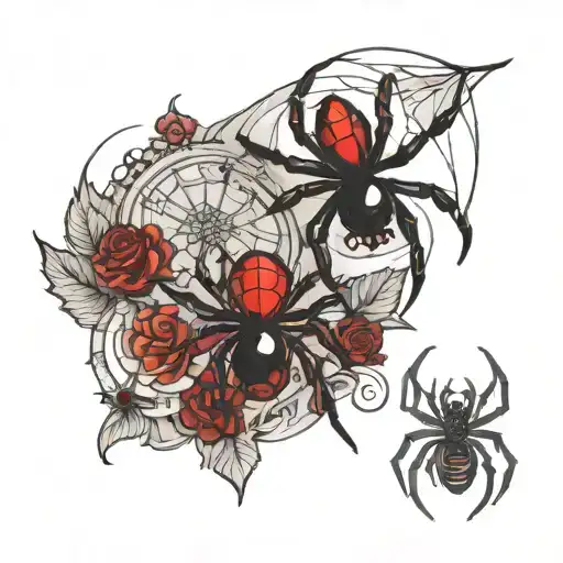 Two black widow spiders tattoos, one red and one black. By the lower end to the right put an hourglass with 13/09 in one tattoo design idea