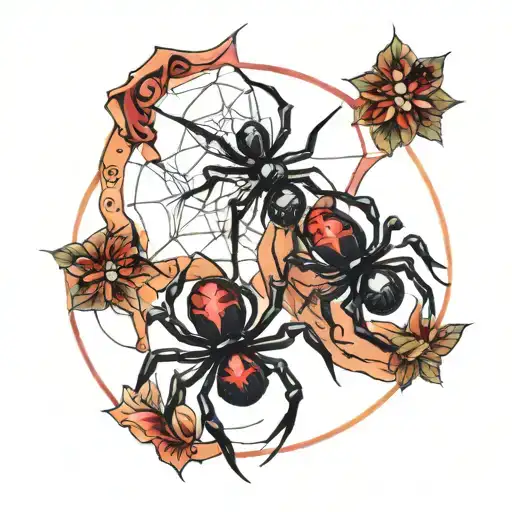 Two black widow spiders tattoos, one red and one black. By the lower end of the spider to the left of put an hourglass  tattoo design idea