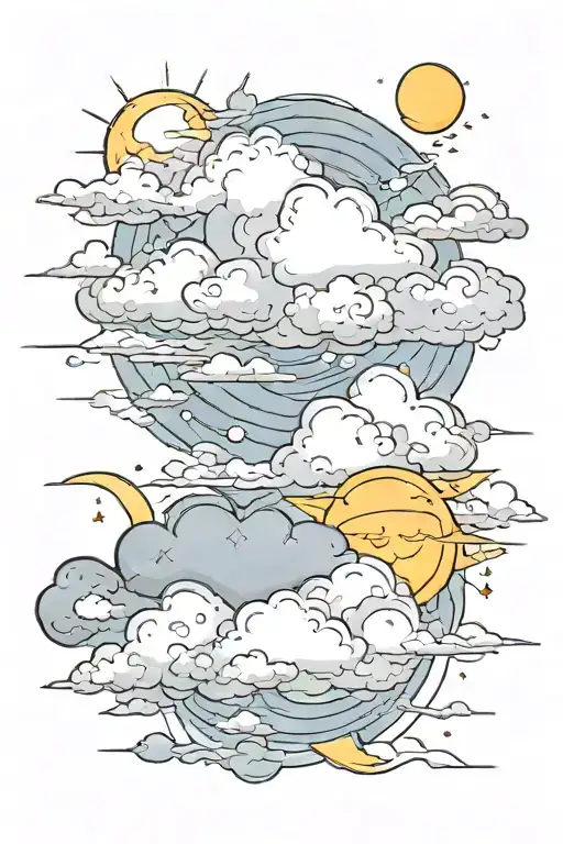 Clouds, Sun, moon, lightning tattoo design idea