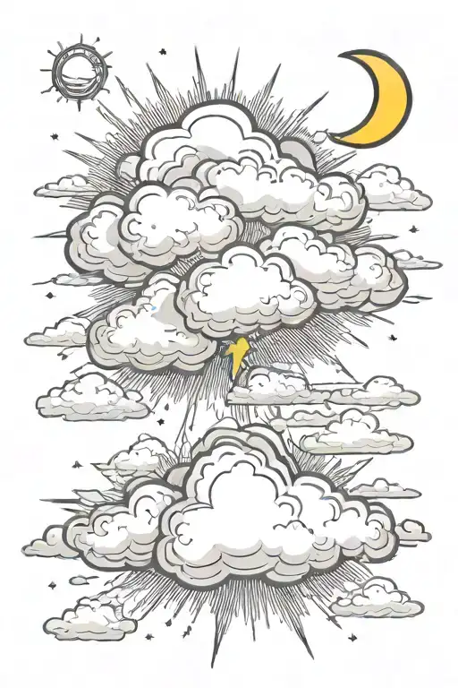 Clouds, Sun, moon, thunder cloud, lightning tattoo design idea
