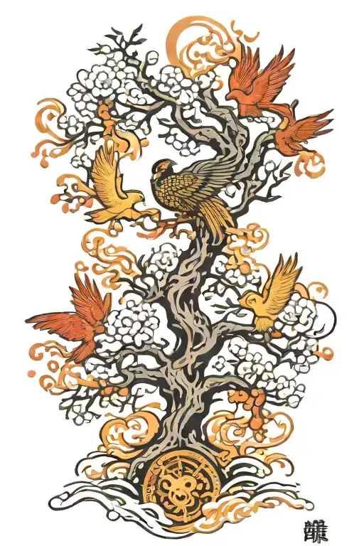 Tree of life and Phoenix rising from ashes tattoo design idea
