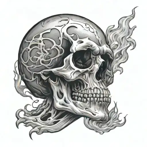 Skull in pain suffering burning with darkness tattoo design idea