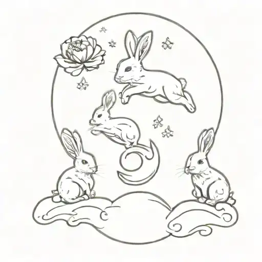 3 bunnies jumping with a moon flower and cloud back groung tattoo design idea