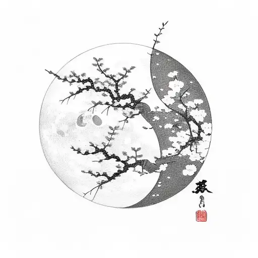 Moon with cherry blossom tree in front of it, letters of Japanese to the left saying “the moon is beautiful, isn’t it?” tattoo design idea