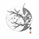 Moon with cherry blossom tree in front of it, letters of Japanese to the left saying “the moon is beautiful, isn’t it?” tattoo design idea