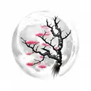 Moon with cherry blossom tree in front of it, letters of Japanese to the left saying “the moon is beautiful, isn’t it?” tattoo design idea