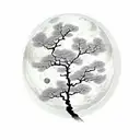 Moon with cherry blossom tree in front of it, letters of Japanese to the left saying “the moon is beautiful, isn’t it?” tattoo design idea