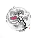 Moon with cherry blossom tree in front of it, letters of Japanese to the left saying “the moon is beautiful, isn’t it?” tattoo design idea