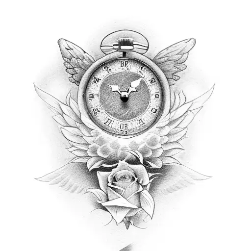 Cross with clock, roses, and angel wings tattoo design idea
