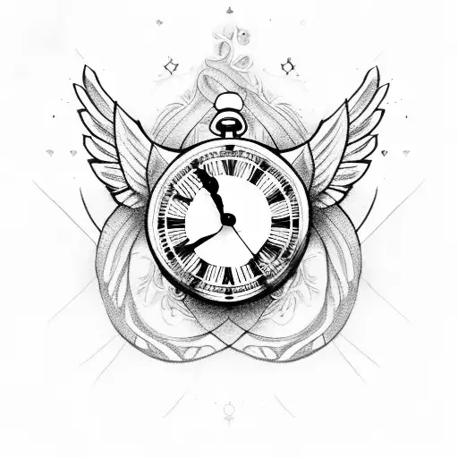 cross with angel wings and roses and clock tattoo design idea