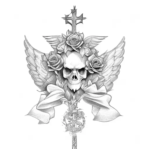 cross with angel wings and roses tattoo design idea