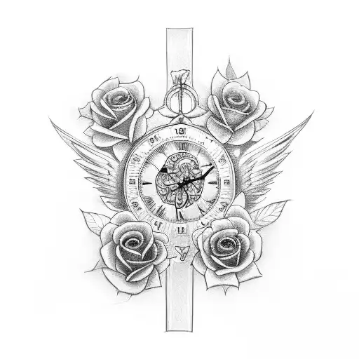 Cross as main image, with clock, roses, and angel wing accesorys tattoo design idea