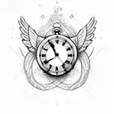 cross with angel wings and roses and clock tattoo design idea