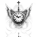 cross with angel wings and roses and clock tattoo design idea