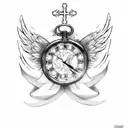 cross with angel wings and roses and clock tattoo design idea