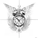 Cross as main image, with clock, roses, and angel wing accesorys tattoo design idea