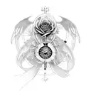 Cross as main image, with clock, roses, and angel wing accesorys tattoo design idea
