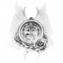 Cross as main image, with clock, roses, and angel wing accesorys tattoo design idea