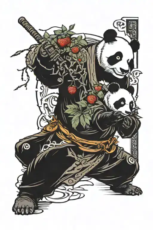 panda samurai holding an strawberry and blueberry wakling throught the torri gate  tattoo design idea