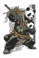 panda samurai holding an strawberry and blueberry wakling throught the torri gate  tattoo design idea