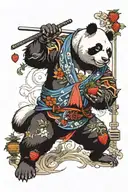 panda samurai holding an strawberry and blueberry wakling throught the torri gate  tattoo design idea