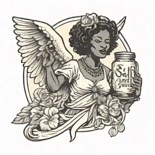 "I'd like a tattoo of an African American woman angel holding a jar with the words 'self mastery' written on it. A wilti tattoo design idea
