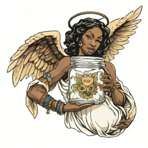 "I'd like a tattoo of an African American woman angel holding a jar with the words 'self mastery' written on it. A wilti tattoo design idea