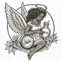 "I'd like a tattoo of an African American woman angel holding a jar with the words 'self mastery' written on it. A wilti tattoo design idea