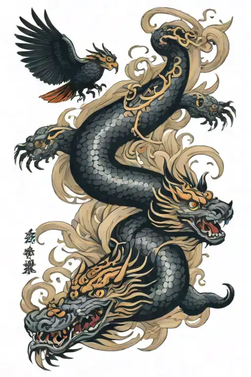 snake tiger and pheonix flying tattoo design idea