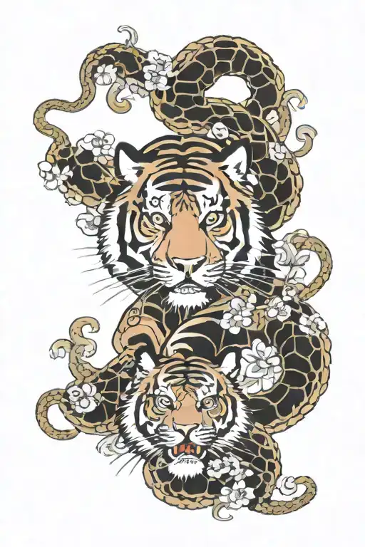 tiger surrounded by snake wrapped tattoo design idea