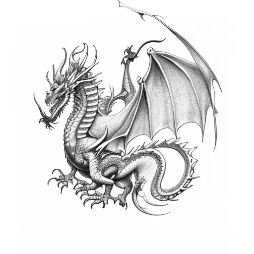 Dragon with wings along the spine tattoo design idea