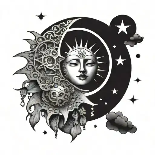 sun with no face, moon with no face, stars, clouds, ornamental, hanging jewelry, beads tattoo design idea