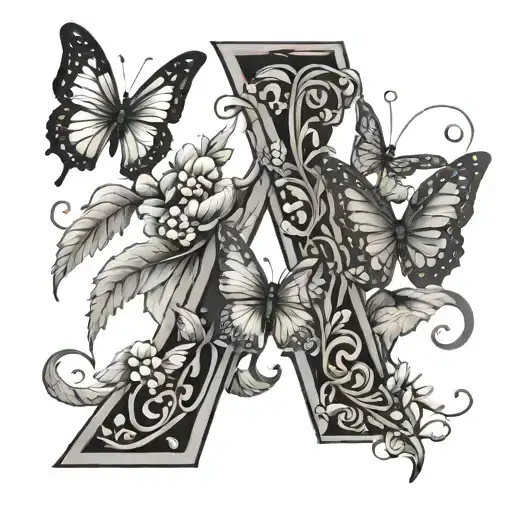 willow branch, letter W, butterflies, whimsical design tattoo design idea